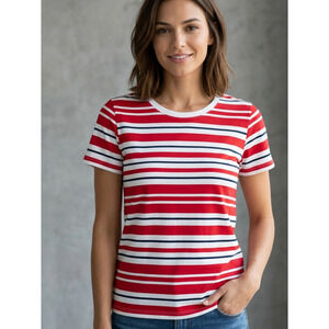 White Stag Red White Blue Striped Cotton Casual T-Shirt Size M Nautical Style